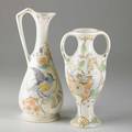 Zuidholland goudamat jug and vase painted with florals and bird netherlands ca1910markedtaller 12 14
