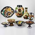 Zuidholland goudaarnhemgouda abo flaring low bowl 1931 footed yannis bowl 1926 and francis and feo tazzas 1929 arnhem three vases and tray gouda netherlands ca1920sall markedtallest 12