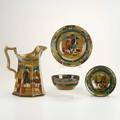 Buffalo potteryfour deldare ware items ye old english village pitcher and three bowls ye village street and ye olden daysmarkedpitcher 10