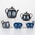 Rookwoodfive pieces nubian black teapot creamer sugar set 1948 creamer and sugar in dark blue glaze 1906flame marksteapot 6