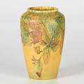 Catherine covalencorookwooddecorated mat vase with foliage on mustard ground 1924flame mark  xxiv  938c artists cypher8 12 x 5 12 dia