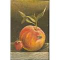 Late 19th c still life oil on board of peach strawberry and fly framed 6 12 x 4 12