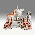 Staffordshire porcelain six items 19th20th c two pair of dogs whippet with rabbit and man on horseback with stag tallest 14 12