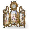 Viennese enamel miniature screen threesection clock inset in center panel gilt metal frame ca 1900 4 38 x 4
