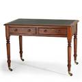 English writing table mahogany two drawers on turned legs with casters ca 1840 29 12 x 42 x 26