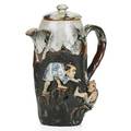 Sumida gawa pottery covered chocolate pot with tumbling figures on brown ground early 20th c unidentified mark 8 34
