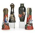 Sumida gawa pottery four vases with figures in relief two on red ground and two on black ground early 20th c all marked tallest 9 12