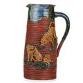 Sumida gawa pottery pitcher with tigers in relief on red ground ca 1900 ryosai mark 12 58