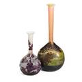 Galle two cameo glass bud vases one with landscape the other with vine and leaf decoration late 19thearly 20th c both signed galle france taller 10 14