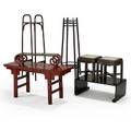 Chinese furniture seven items in mixed woods 19th20th c pair of tabourets three stands and two tables tallest 48 12 x 13 x 13