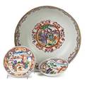 Chinese export porcelain deep bowl and two saucers with village scenes late 18th c largest 4 34 x 11 18