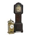 Miniature clocks two 19th c lantern style with bell strike movement and grandfather clock case only taller 13