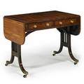 Regency sofa table exotic wood inlaid top with three drawers on bronze mounted feet 19th c 29 x 36 12 x 24