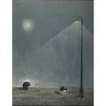 Francisco garcia abuja spanish b 1924 oil on board of a dog beneath a street lamp 1974 framed signed and dated 74 24 78 x 19