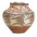 Zia pottery olla stylized bird foliate and geometric designs with ruffled rim early 20th c 10 14 x 11 provenance morning star gallery santa fe new mexico