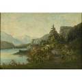 19th c european landscape oil on canvas of a lake and mountain panorama framed illegibly signed 26 x 36 