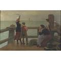 Early 20th c american genre scene oil on canvas of women and children standing dockside 1912 framed signed f tinck and dated 18 x 27