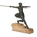 Bronze art deco sculpture female athlete with javelin on marble base early 20th c illegibly stamped 19 12 x 3 34 excluding spear