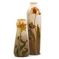 Roseville two woodland vases with tulips zanesville oh ca 1905 both with rozane ware medallion 9 14 and 13 14