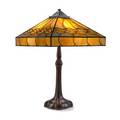 Handel table lamp its rare foursided shade with leaf pattern on a fine curled base meriden ct 1920s leaded yellow slag glass patinated metal three sockets shade and base stamped handel 28