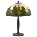 Handel table lamp on fluted base shade reverse and obversepainted with pine trees meriden ct 1920s chipped glass patinated metal two sockets shade signed handel 5345 with us patent and stam