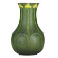 Grueby large bulbous vase with yellow trefoils and rounded leaves boston ma ca 1905 circular stamp wp 13 x 8