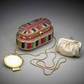 Judith leiber art deco style minaudiere odeonesque box with crystal bands in art deco color palette gold leather interior gilt dropchain purse and mirror with dust bag 3 x 5 34 x 2 12
