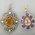 Two large jeweled gold diamond pendants 20th c pearshaped kunzite and amethyst 14k yg drop with diamond white gold clusters shieldshaped indian citrine pendant with diamond and pearls in silver
