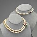 Jeweled 14k gold akoya pearl necklaces 20th c twostrand necklace clasped by pearl jade tourmaline and sapphires single strand clasped by amethyst cabochon can be worn as three concentric stra