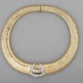 Gold diamond gaspipe necklace italy ca 1950 14k yg oblate flexible collar central platinum ornament set with 32 brilliant cut diamonds approx 1 cts tw 542 dwt 844 gs 17 x 1 tapers