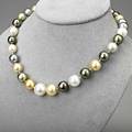 Strand of multihued south sea pearls 33 spherical cultivated saltwater pearls in shades of white gold grey and black 14  11 mm 14k wg spherical clasp with diamond accents 18