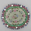 Jeweled gold chinese nephrite brooch ca 1960 massive corsage ornament assembled from an earlier pierced nephrite tablet set with ruby or sapphire diamond flourettes and radial spray of cabochon em