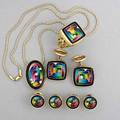 Magickfusager 18k gold gentlemans suite eight piece suite creations iii rainbow coloredshaded cloisonne enamel and diamond accents in geometric spiral design ca 2006 ring size 10 matching