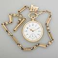 Vacheron and constantin watch for je caldwell 18k yg open face watch on 10k yg victorian watch chain with yale university gold fraternal key fob ca 1910 serial 302917 white sunk porcelain d