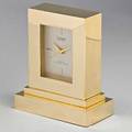 Cartier 18k gold desk clock with alarm ca 1960 rectangular sateen dial with bar markers and arrow hands swiss movement 487943 case marked cartier 18k 17163 erased monograms and date 3 18