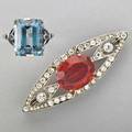 Two jewels ca 1938 14k wg navetteshaped brooch with oec diamonds approx 155 cts tw and red glass platinum ring with blue gems 96 dwt 15 gs 2 18 ring size 7