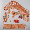 Coral jewelry collection 19th20th c je caldwell  co 14k gold and eight strand bracelet 7 12 x 1 12 necklace with carved elephant charm 52 pair of victorian fringe earrings 2 grape