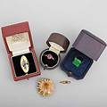 Gold jewelry 19th20th c five items include 18k yg quatrafoil ring with foilbacked rubies retailed by phillips london two victorian 14k rings one ruby and diamond one champleve enamel ameri