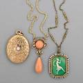 Gold necklaces ca 19001920 pte de verre pendant with seed pearls and diamond accents coral and pearl lavaliere on later rope chain 10k and diamond locket 161 dwt 25 gs largest 1 58 i