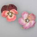 American enameled gold diamond flower brooches 14k yg and shaded enamel pansy with pendant bail and dogwood restored oec diamonds approx 70 ct tw ca 1910 143 dwt 223 gs larger 1 12