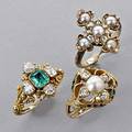 Three antique quatrefoil and diamond rings emerald and four cushion cut diamonds in18k gold cannetille split pearl and rose cut diamonds in 10k gold split pearl with oec diamonds and emeralds in ch