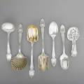 Tiffany  co silver serving pieces ca 18901907 florentine claw ice tongs six pieces in broom corn includes shellshaped parcel gilt berry spoon salad servers two table spoons 8 34 gra
