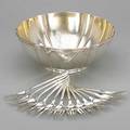 Tiffany  co silver bowl and twelve forks shaped center bowl on conforming foot with gilt interior 3 12 x 9 18 12 hamilton cake forks 6 18 19051938 monograms 361 ot
