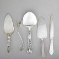 Five georg jensen silver servers denmark ornamental handle pastry server 83 19151930 10 cake server 91 9 14 leafshaped serving spoon 76 ca 1920 7 12 bernadotte solid cake server