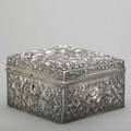 Jacobi  jenkins sterling repousse box square with hinged lid profuse chased repousse decorations in baltimore rose lock with key 28 ot 6 34 x 6 34 x 4 12