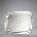 Gorham silver serving tray ca 1905 large cushionform with banded edge and shaped handles 4517 ribbon monogram emc 186 ot 32 12 x 19 58 over handles companion to preceding lot