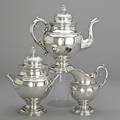 Baldwin gardiner coin silver coffee service new york city 1835 three pieces in baluster form with bead borders acanthus handles spout lids and finials coffee pot with ivory insulators 9 34 c