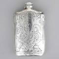 Tiffany  co etched silver nautical flask curved smooth body with undulating shoulder and base depicts a steam yacht under full sails crossed anchors bowling pins and balls fire tongs among seaw