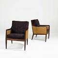 Kipp stewart directional pair of lounge chairs usa 1960s walnut woven cane velvet unmarked 34 x 24 x 27