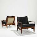 American pair of lounge chairs 1960s walnut woven cane leather unmarked 31 x 27 x 34
